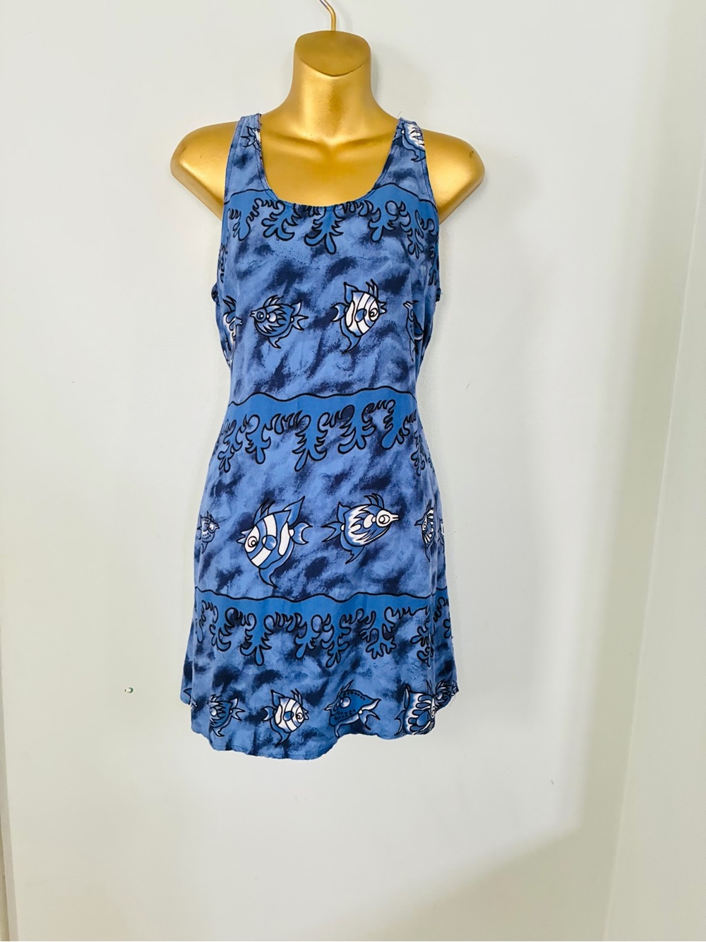 Vintage Blue Tropical Fish Print Mini Dress – Beach Resort Cover-Up S/M - Picture 3 of 5